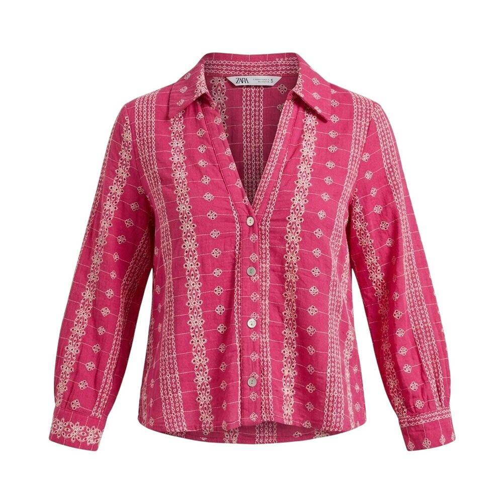 Zara Pink Embroidered Button-Down Blouse Shirt XS Long Sleeve Eyelet Boho Peplum